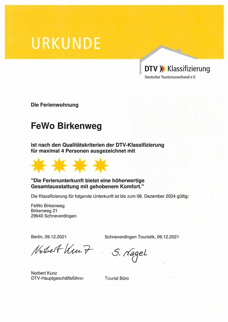Fewo Birkenweg Zertifikat